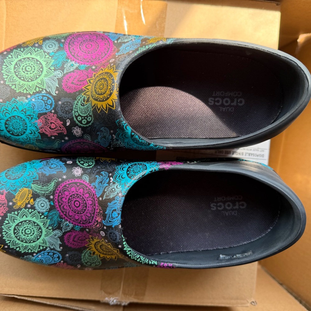 CROCS Women's Black Slip-On Mules with Multicolor Mandala Print